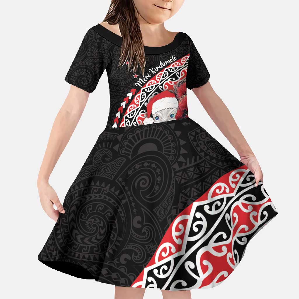 New Zealand Christmas Meri Kirihimete Family Matching Off Shoulder Maxi Dress and Hawaiian Shirt Santa Hei Tiki Pohutukawa LT01 Daughter's Dress Black - Polynesian Pride