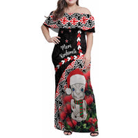 New Zealand Christmas Meri Kirihimete Family Matching Off Shoulder Maxi Dress and Hawaiian Shirt Santa Hei Tiki Pohutukawa LT01 Mom's Dress Black - Polynesian Pride
