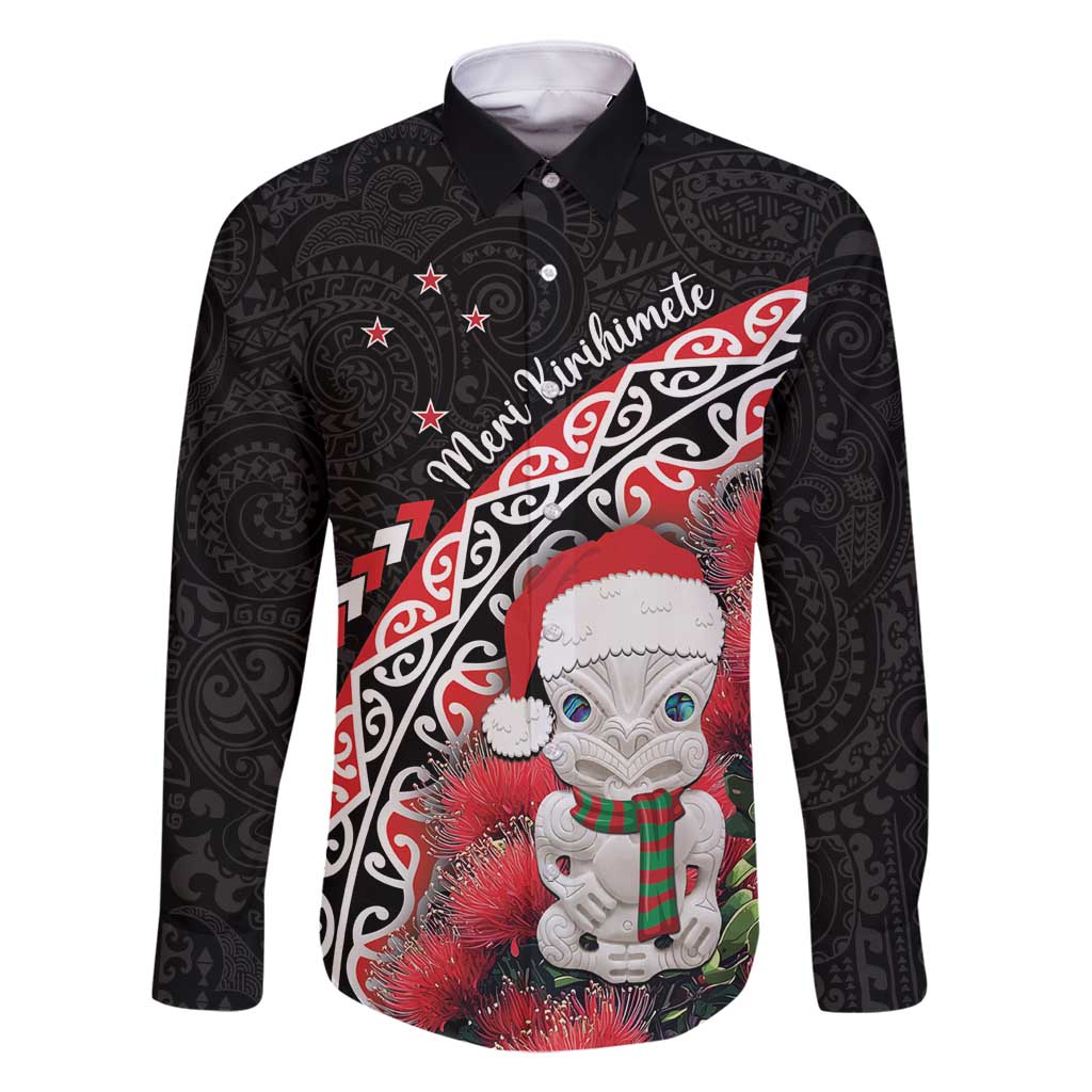 New Zealand Christmas Meri Kirihimete Family Matching Off Shoulder Short Dress and Hawaiian Shirt Santa Hei Tiki Pohutukawa LT01 Dad's Shirt - Long Sleeve Black - Polynesian Pride