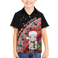 New Zealand Christmas Meri Kirihimete Family Matching Off Shoulder Short Dress and Hawaiian Shirt Santa Hei Tiki Pohutukawa LT01 Son's Shirt Black - Polynesian Pride