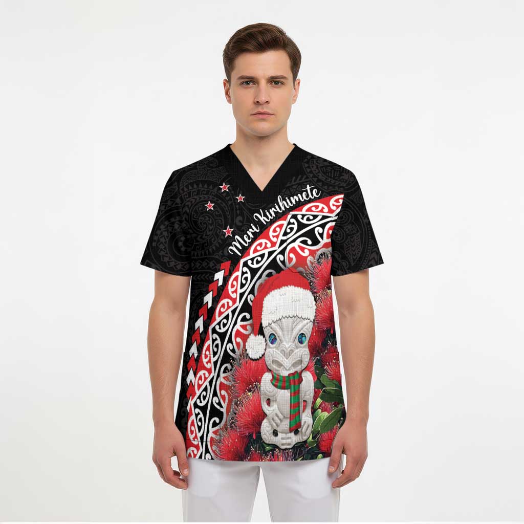 New Zealand Christmas Meri Kirihimete Scrub Top Santa Hei Tiki Pohutukawa - Polynesian Pride