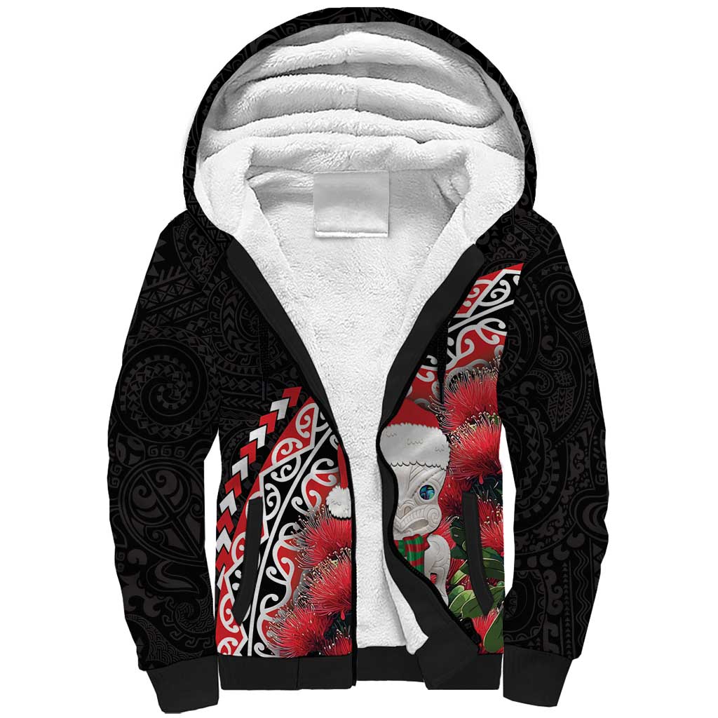 New Zealand Christmas Meri Kirihimete Sherpa Hoodie Santa Hei Tiki Pohutukawa