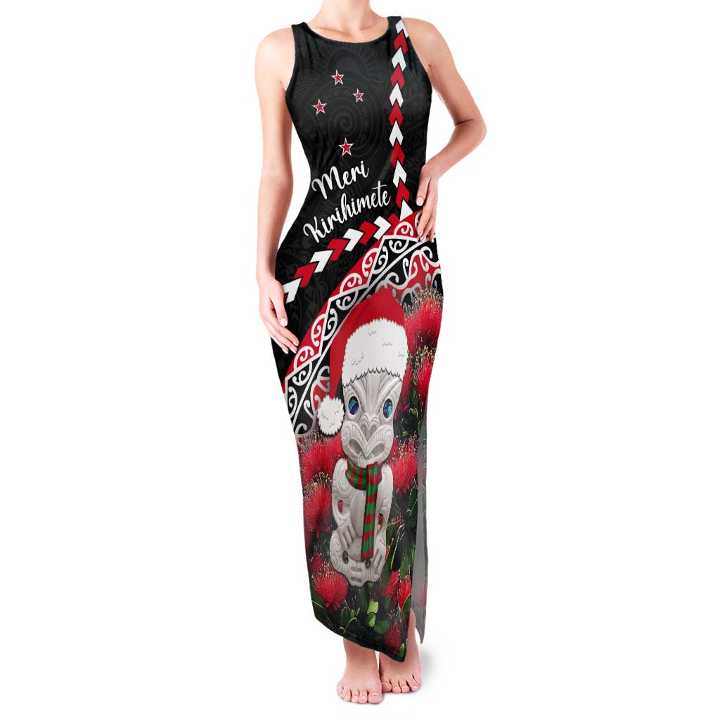New Zealand Christmas Meri Kirihimete Tank Maxi Dress Santa Hei Tiki Pohutukawa LT01 Women Black - Polynesian Pride