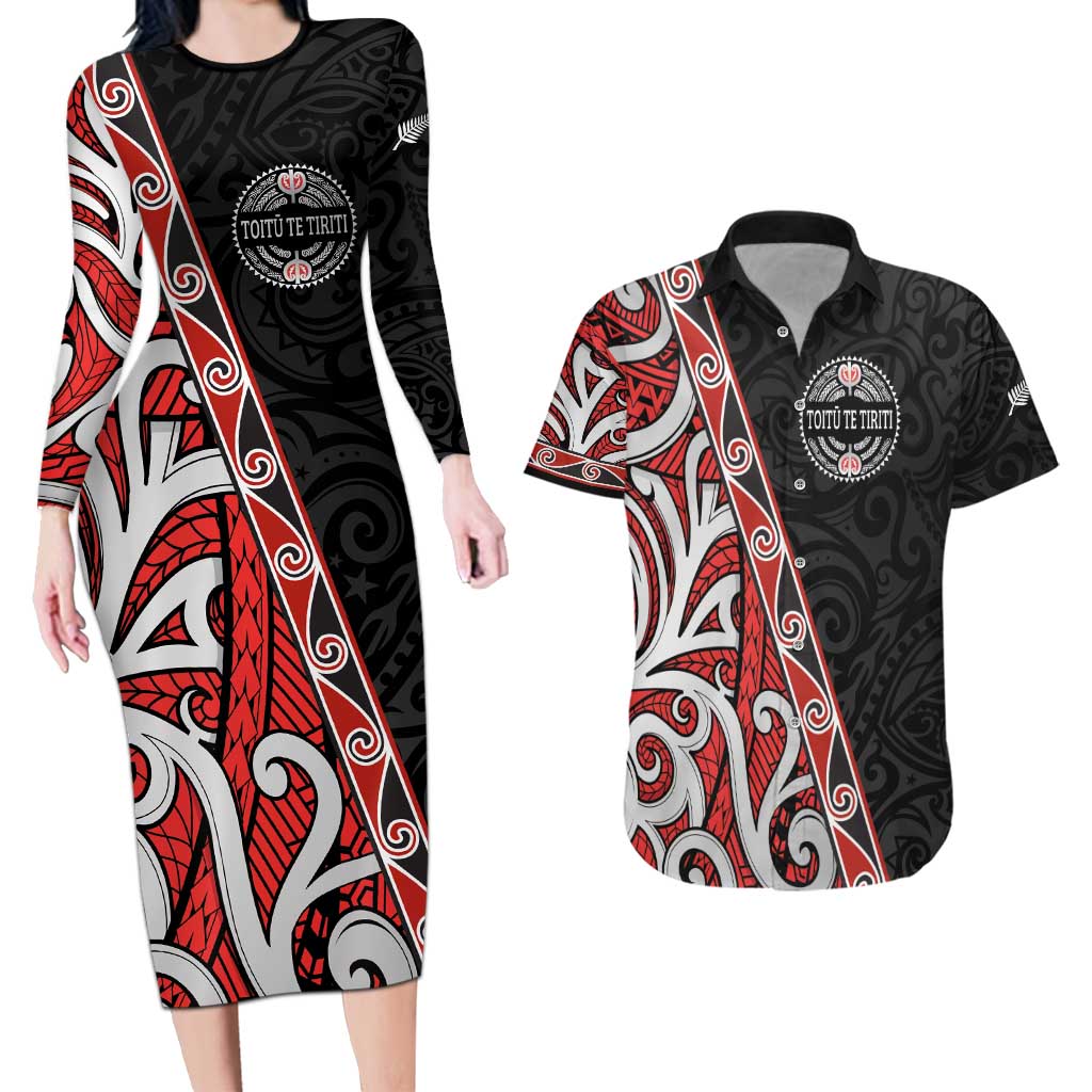 Aotearoa Toitu Te Tiriti Couples Matching Long Sleeve Bodycon Dress and Hawaiian Shirt Honour The Treaty New Zealand LT01 Black - Polynesian Pride