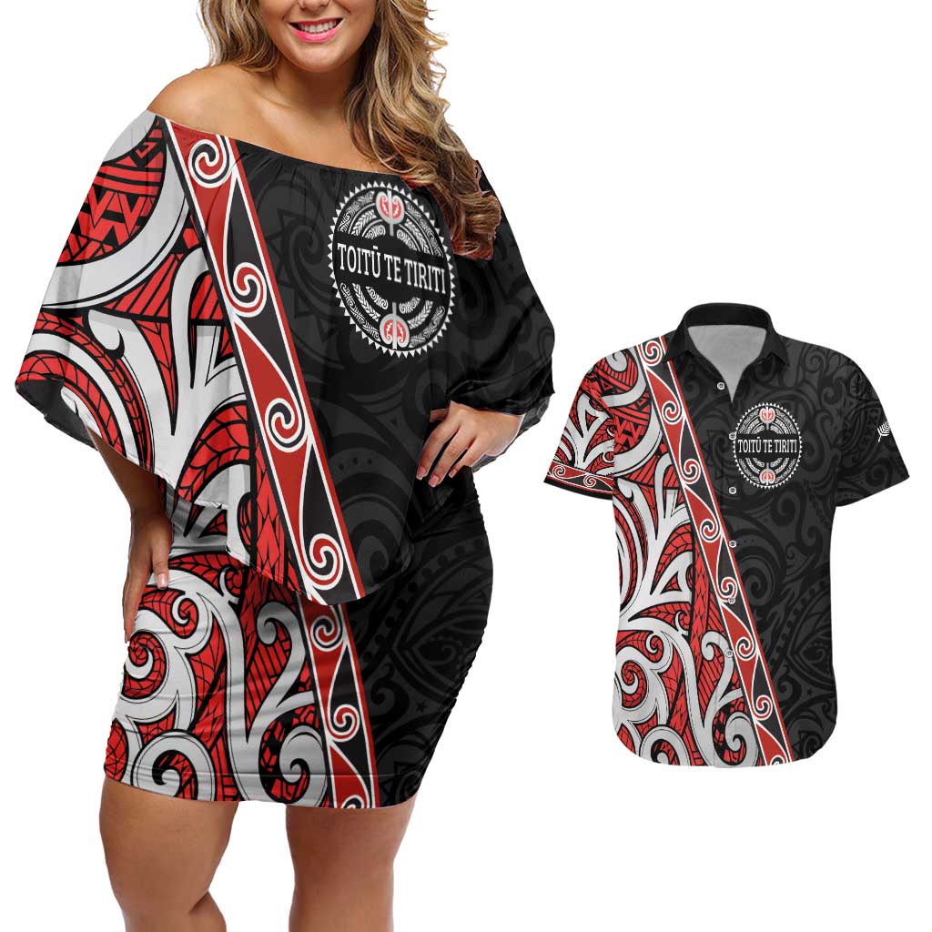 Aotearoa Toitu Te Tiriti Couples Matching Off Shoulder Short Dress and Hawaiian Shirt Honour The Treaty New Zealand