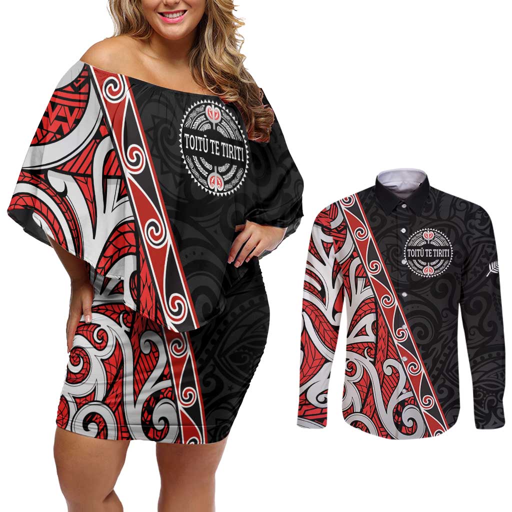 Aotearoa Toitu Te Tiriti Couples Matching Off Shoulder Short Dress and Long Sleeve Button Shirt Honour The Treaty New Zealand