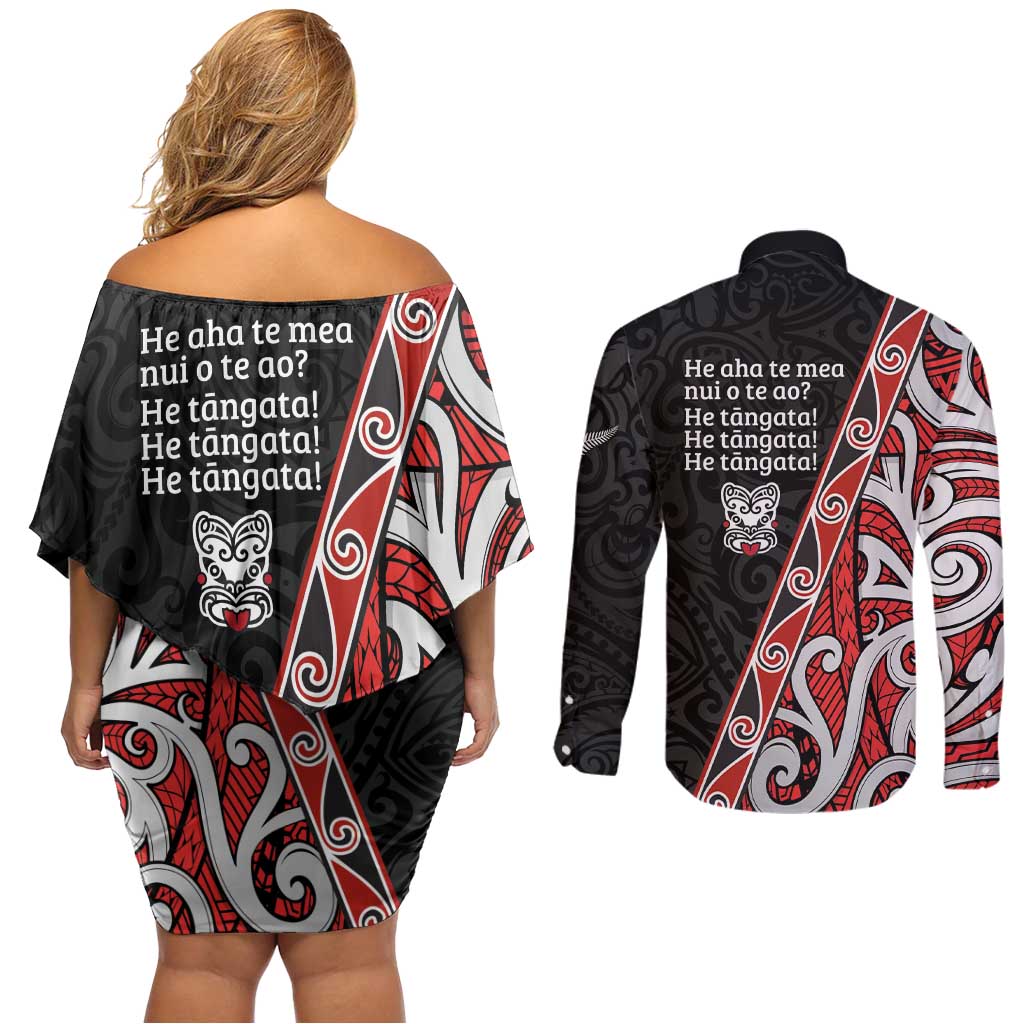 Aotearoa Toitu Te Tiriti Couples Matching Off Shoulder Short Dress and Long Sleeve Button Shirt Honour The Treaty New Zealand