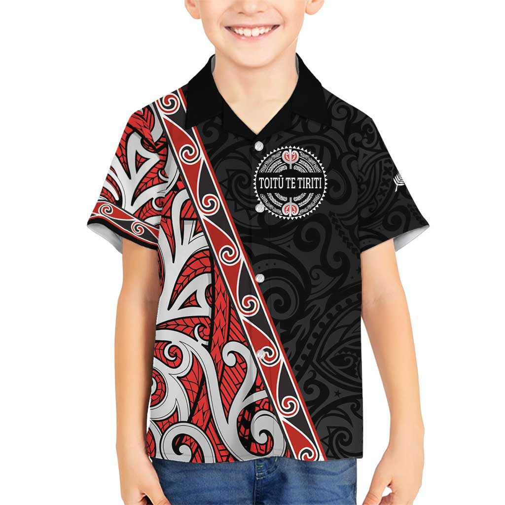 Aotearoa Toitu Te Tiriti Family Matching Long Sleeve Bodycon Dress and Hawaiian Shirt Honour The Treaty New Zealand LT01 Son's Shirt Black - Polynesian Pride