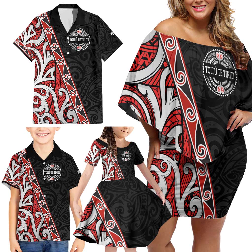 Aotearoa Toitu Te Tiriti Family Matching Off Shoulder Short Dress and Hawaiian Shirt Honour The Treaty New Zealand LT01 - Polynesian Pride