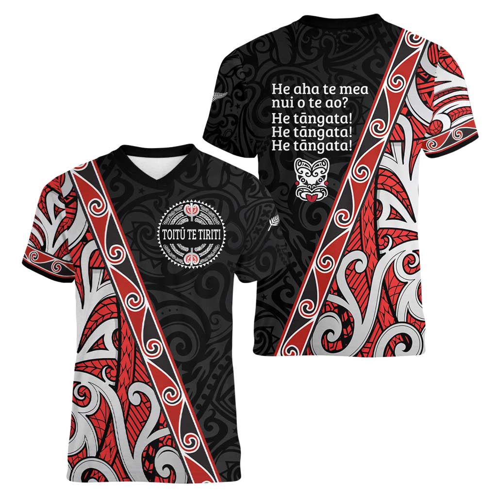 Aotearoa Toitu Te Tiriti Women V-Neck T-Shirt Honour The Treaty New Zealand LT01 - Polynesian Pride