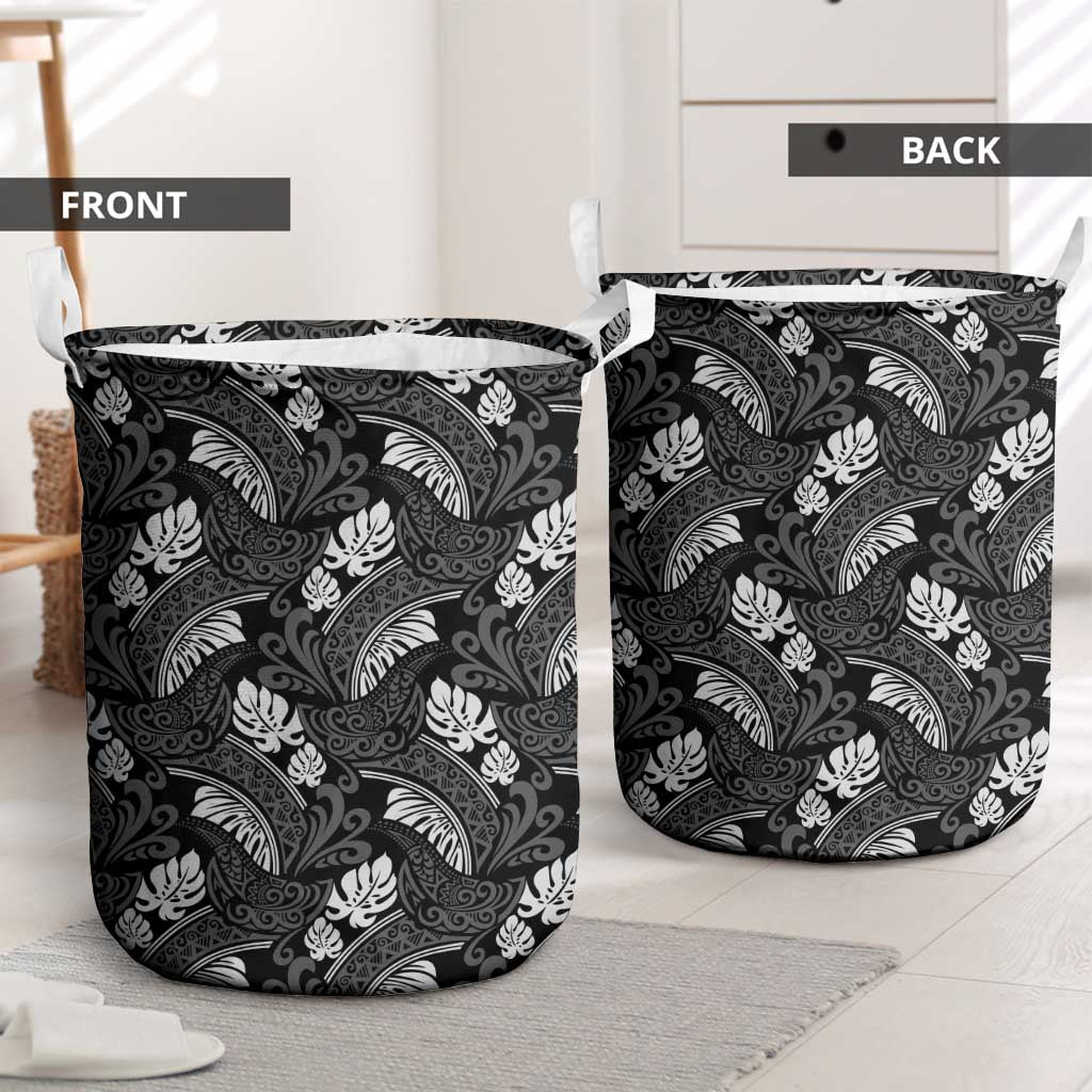 Grayscale Monstera Laundry Basket Polynesian Tribal Pattern - Polynesian Pride