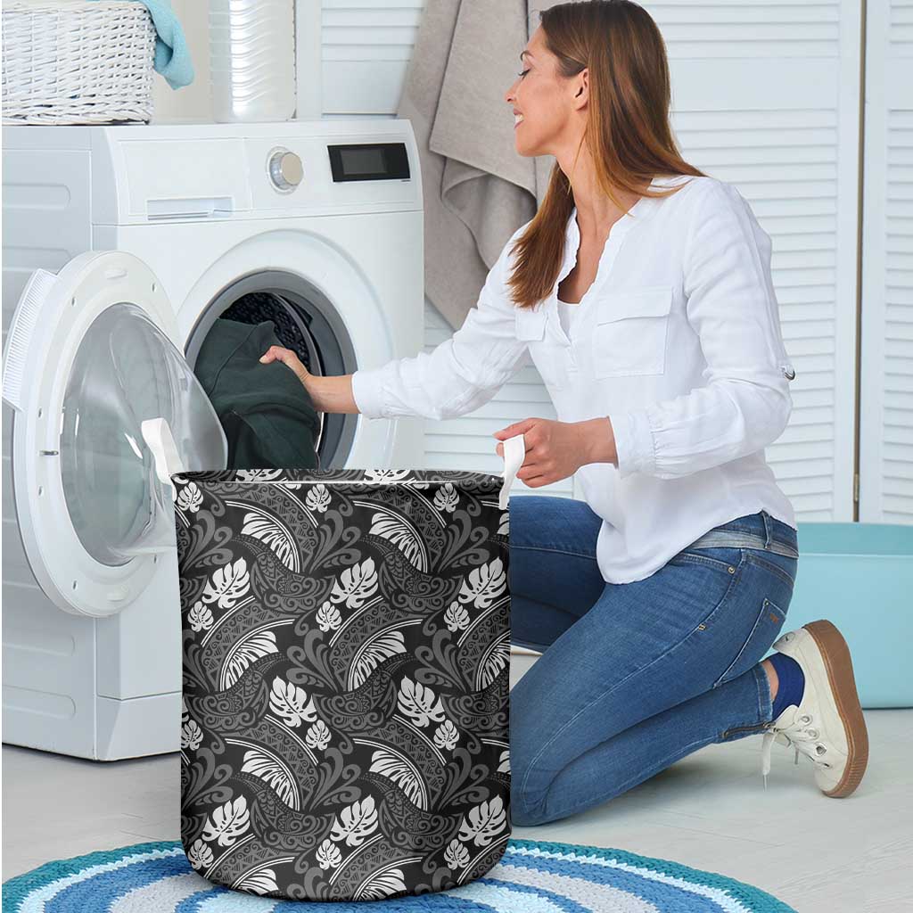Grayscale Monstera Laundry Basket Polynesian Tribal Pattern - Polynesian Pride