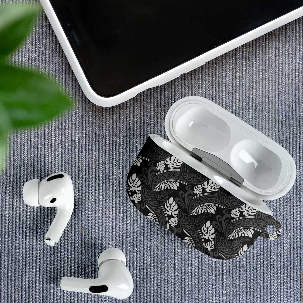 Grayscale Monstera AirPods Case Polynesian Tribal Pattern - Polynesian Pride
