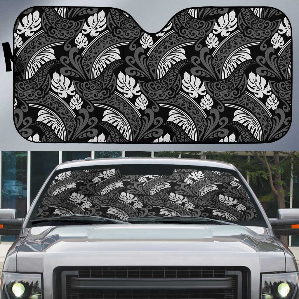 Grayscale Monstera Auto Sun Shade Polynesian Tribal Pattern - Polynesian Pride