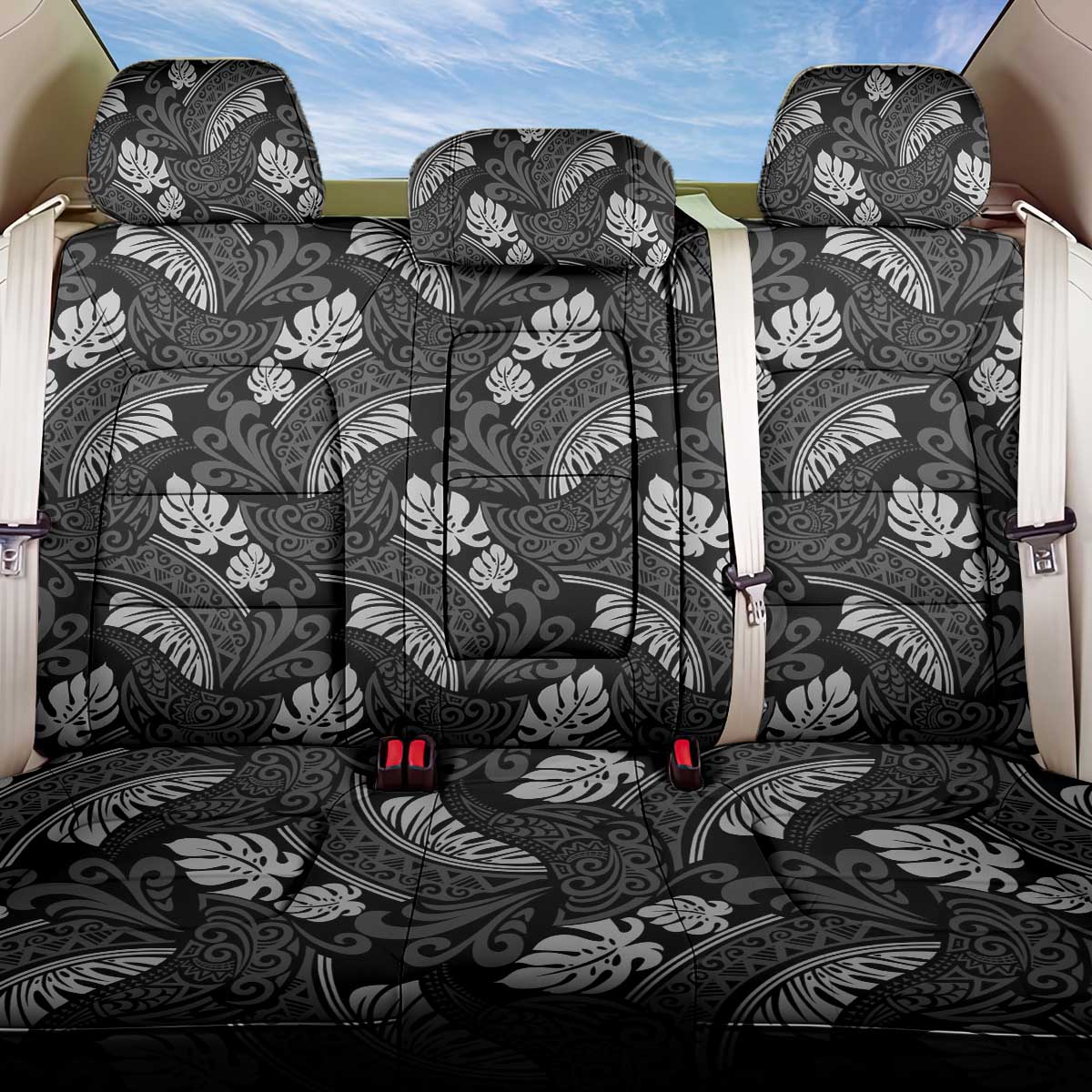 Grayscale Monstera Back Car Seat Cover Polynesian Tribal Pattern - Polynesian Pride