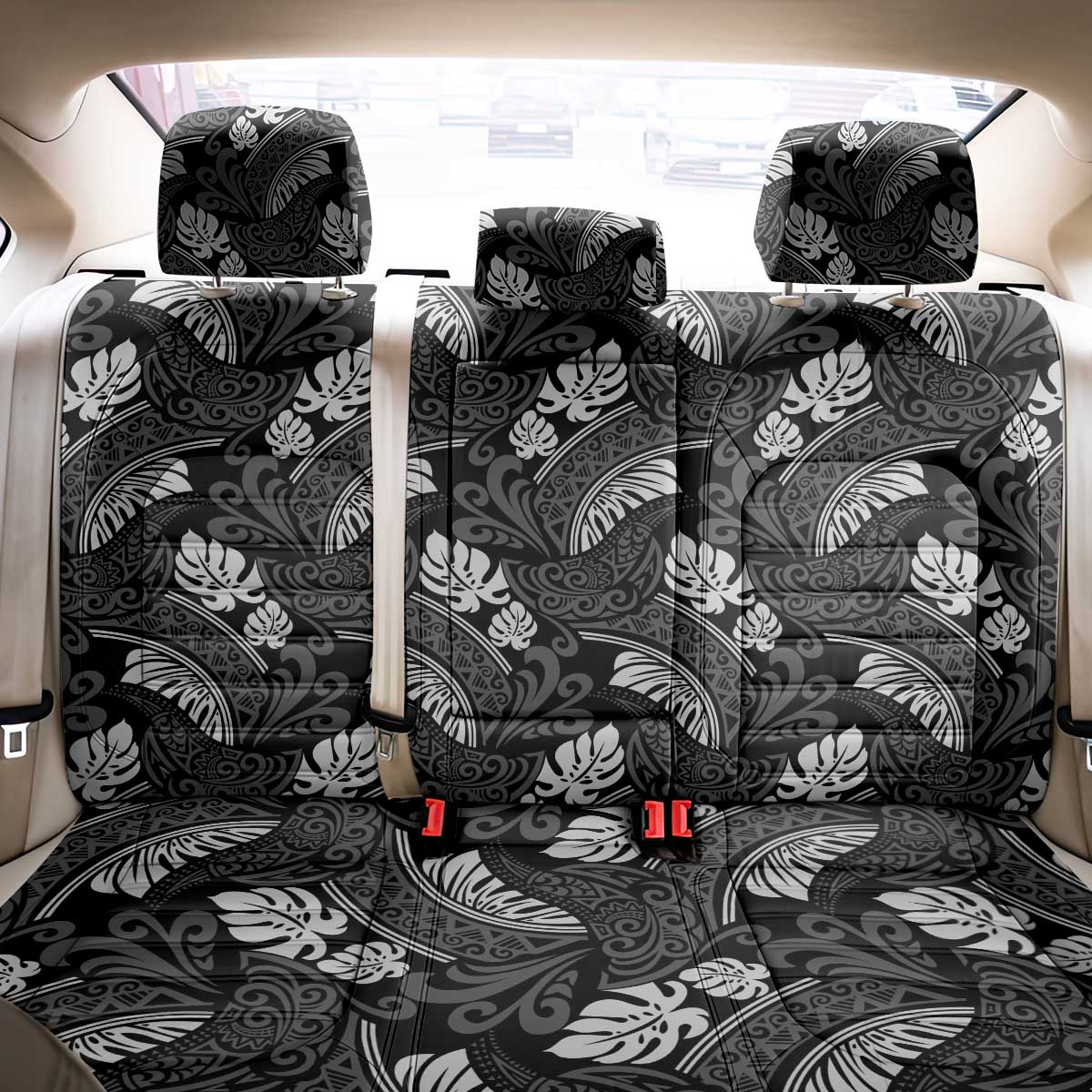 Grayscale Monstera Back Car Seat Cover Polynesian Tribal Pattern - Polynesian Pride