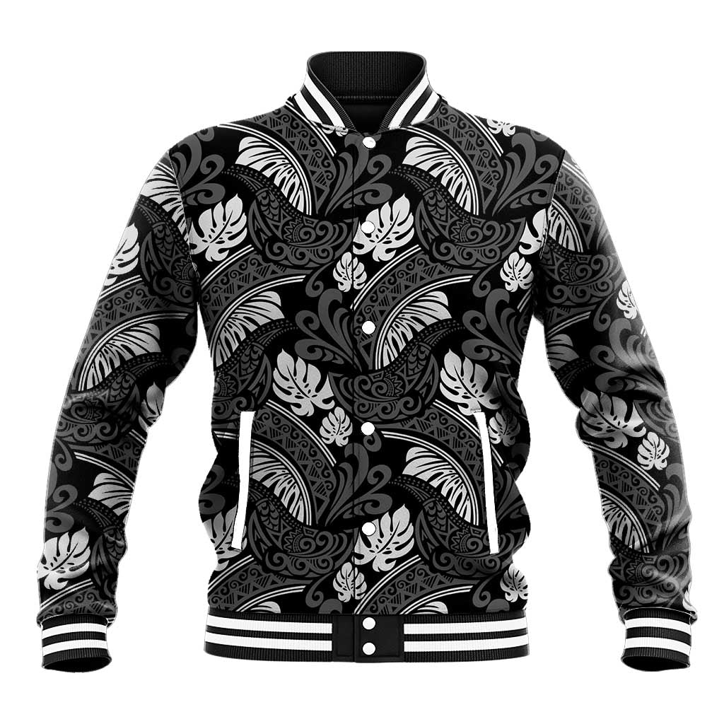 Grayscale Monstera Baseball Jacket Polynesian Tribal Pattern - Polynesian Pride