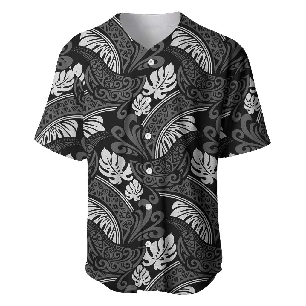 Grayscale Monstera Baseball Jersey Polynesian Tribal Pattern - Polynesian Pride