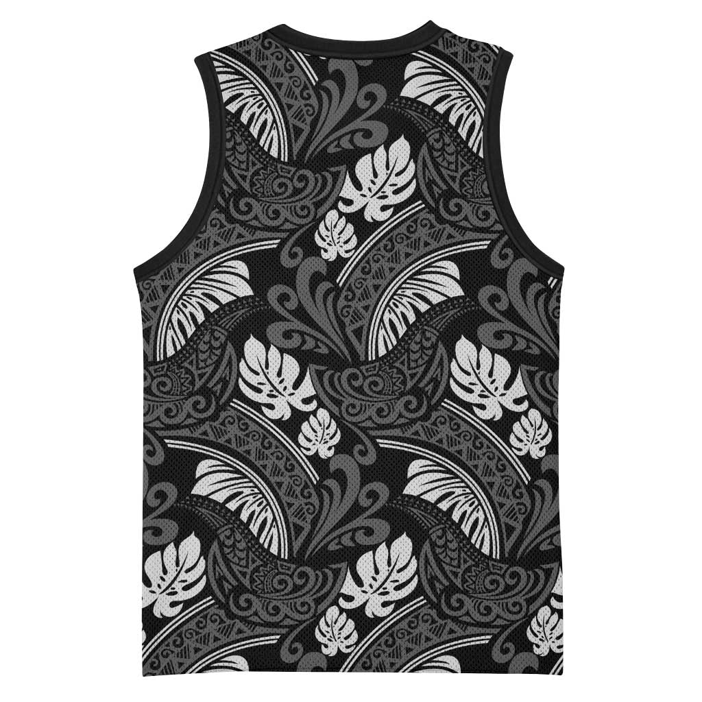 Grayscale Monstera Basketball Jersey Polynesian Tribal Pattern - Polynesian Pride