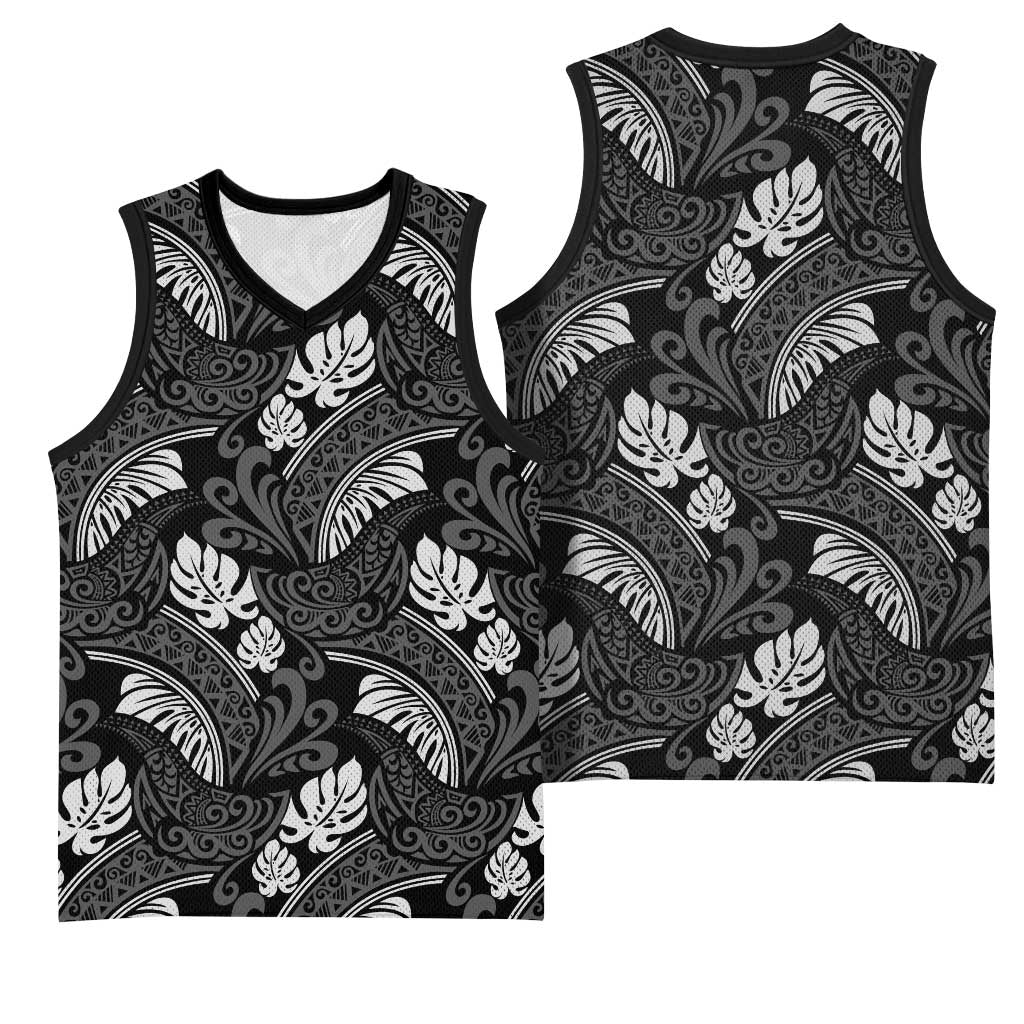 Grayscale Monstera Basketball Jersey Polynesian Tribal Pattern - Polynesian Pride
