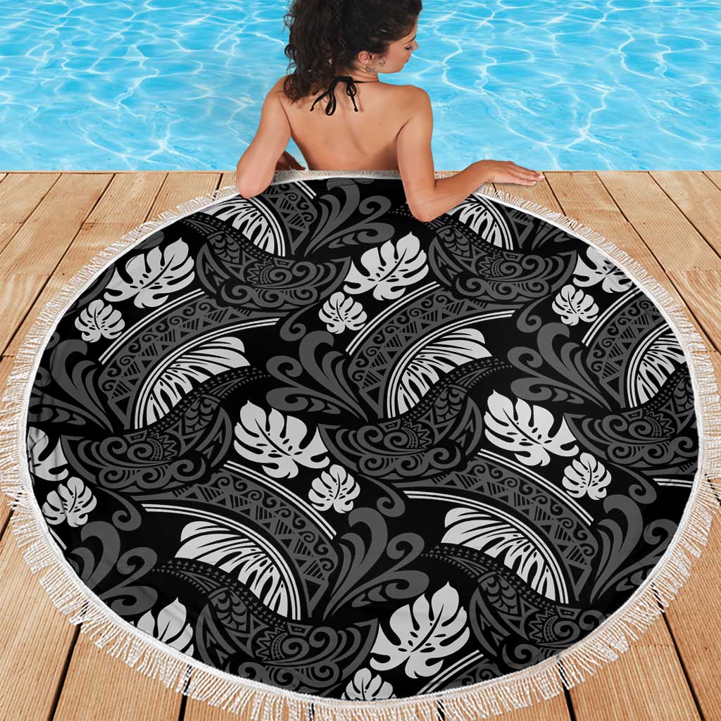 Grayscale Monstera Beach Blanket Polynesian Tribal Pattern - Polynesian Pride