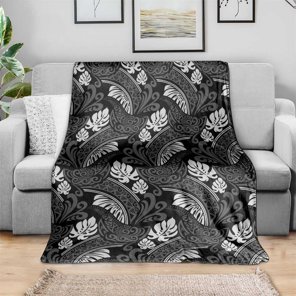 Grayscale Monstera Blanket Polynesian Tribal Pattern - Polynesian Pride