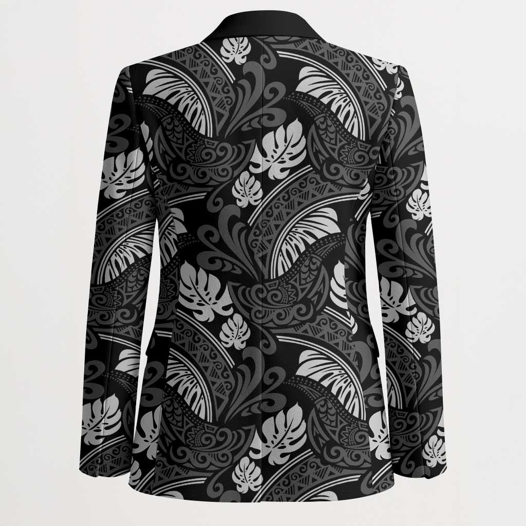 Grayscale Monstera Blazer Polynesian Tribal Pattern - Polynesian Pride