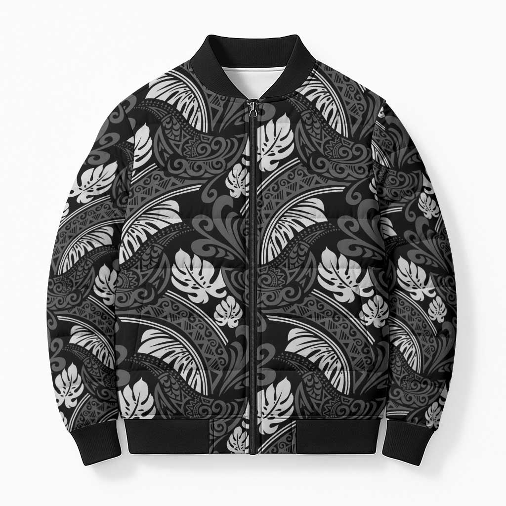 Grayscale Monstera Bomber Puffer Jacket Polynesian Tribal Pattern - Polynesian Pride