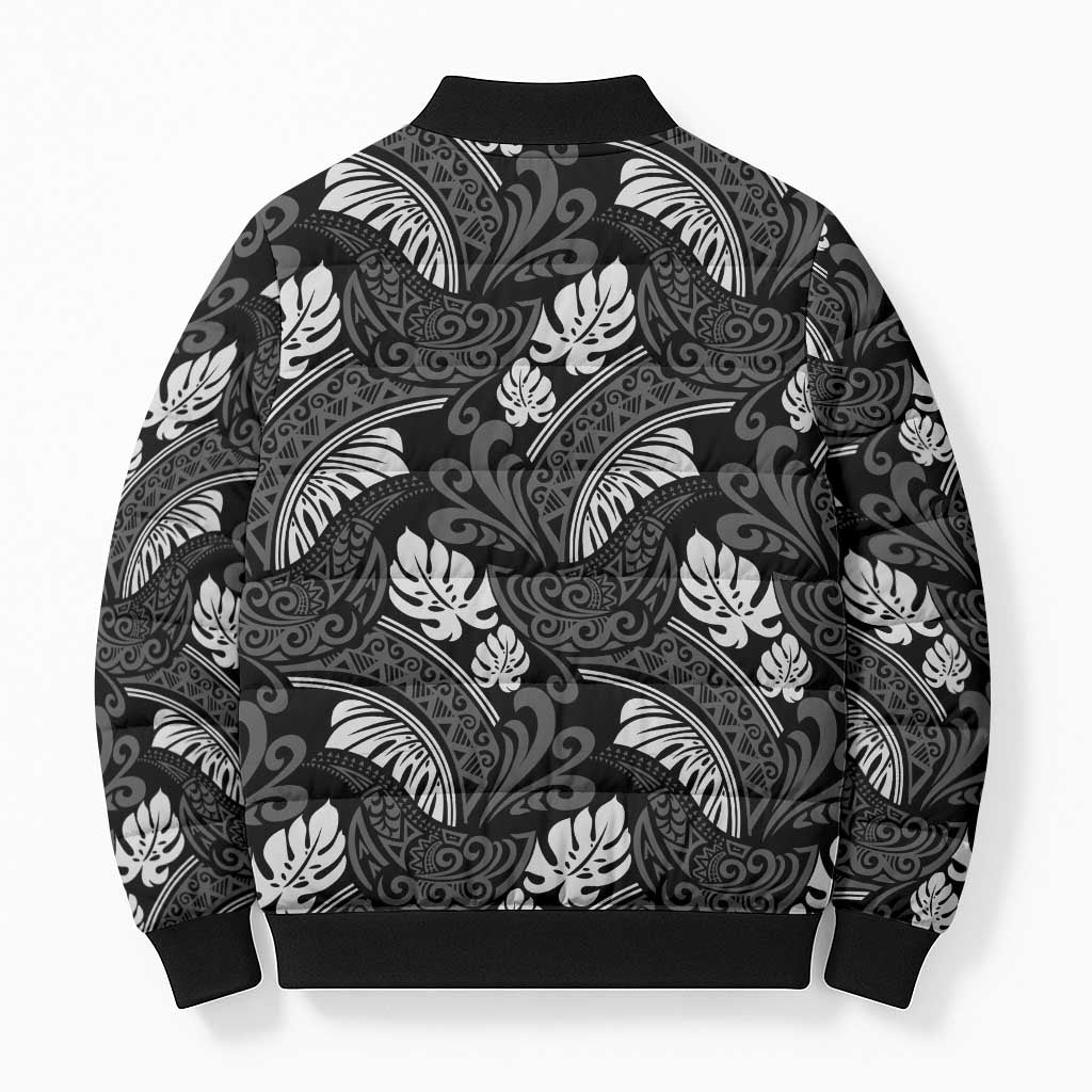 Grayscale Monstera Bomber Puffer Jacket Polynesian Tribal Pattern - Polynesian Pride