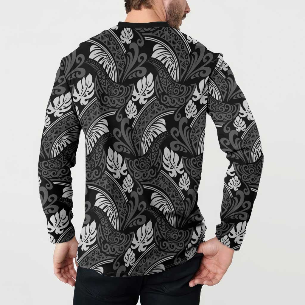 Grayscale Monstera Button Sweatshirt Polynesian Tribal Pattern - Polynesian Pride