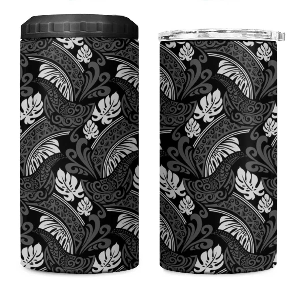 Grayscale Monstera 4 in 1 Can Cooler Tumbler Polynesian Tribal Pattern - Polynesian Pride