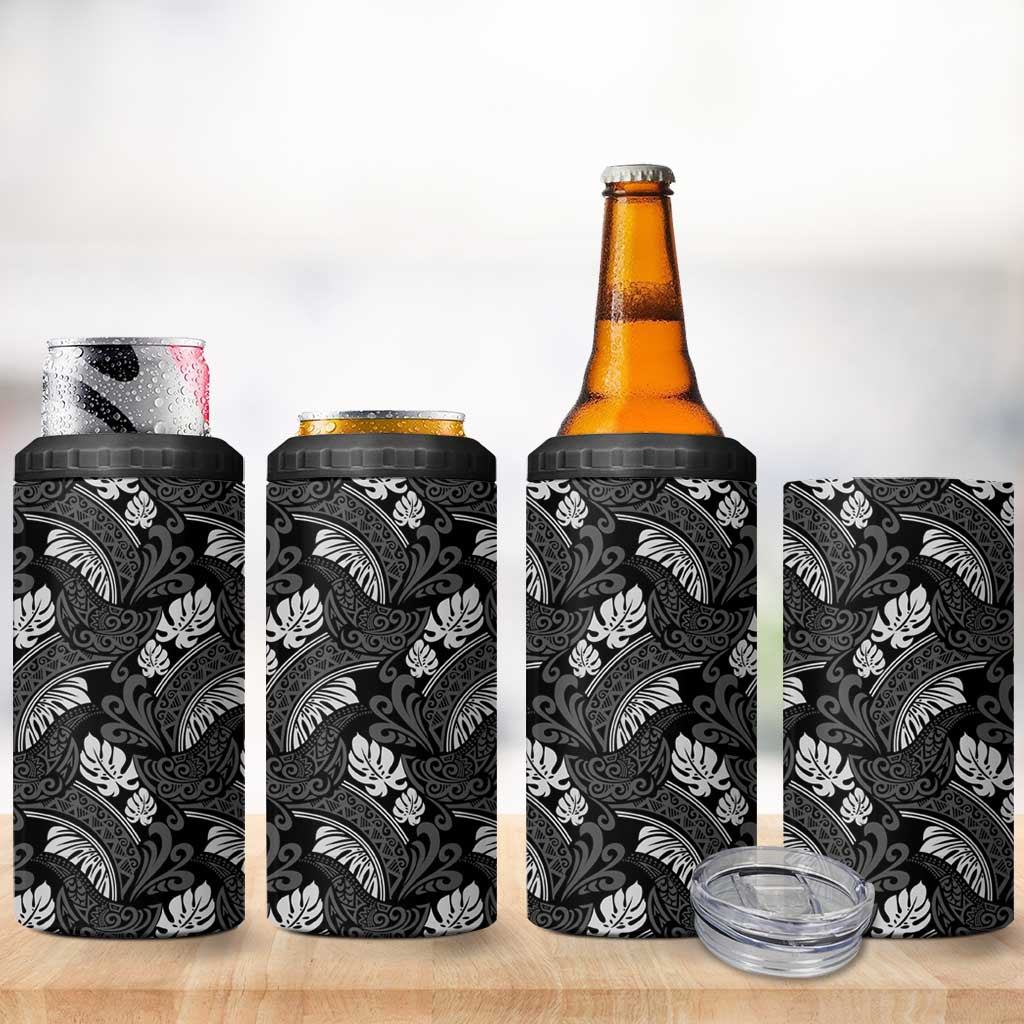 Grayscale Monstera 4 in 1 Can Cooler Tumbler Polynesian Tribal Pattern - Polynesian Pride