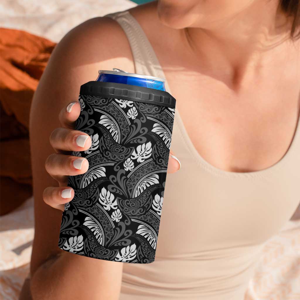 Grayscale Monstera 4 in 1 Can Cooler Tumbler Polynesian Tribal Pattern - Polynesian Pride