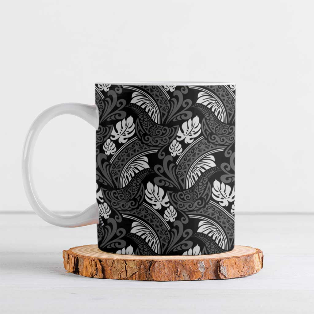 Grayscale Monstera Ceramic Mug Polynesian Tribal Pattern - Polynesian Pride
