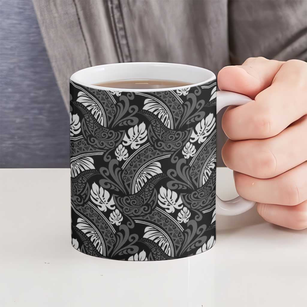 Grayscale Monstera Ceramic Mug Polynesian Tribal Pattern - Polynesian Pride