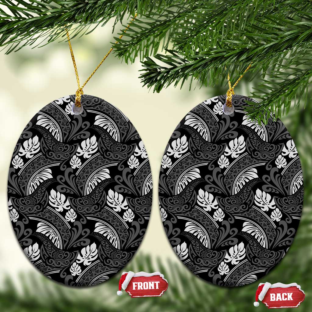 Grayscale Monstera Ceramic Ornament Polynesian Tribal Pattern - Polynesian Pride