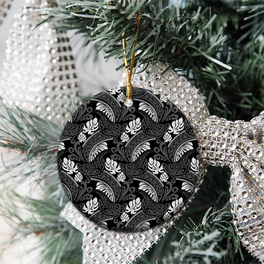Grayscale Monstera Ceramic Ornament Polynesian Tribal Pattern - Polynesian Pride