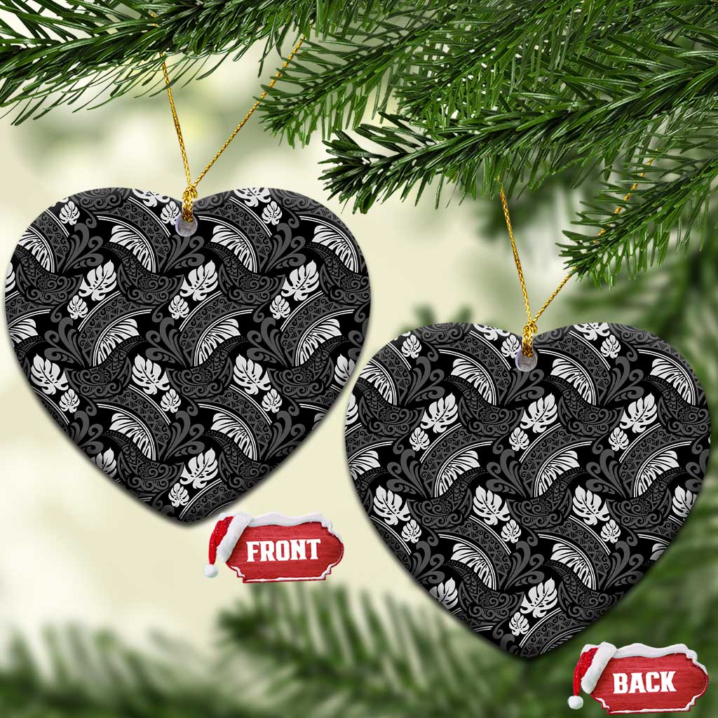 Grayscale Monstera Ceramic Ornament Polynesian Tribal Pattern - Polynesian Pride