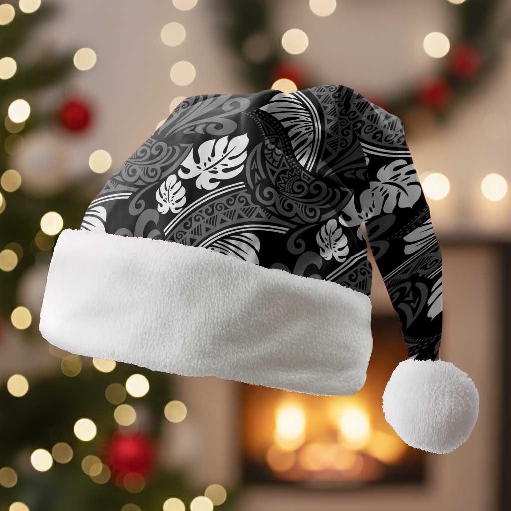 Grayscale Monstera Christmas Santa Hat Polynesian Tribal Pattern - Polynesian Pride