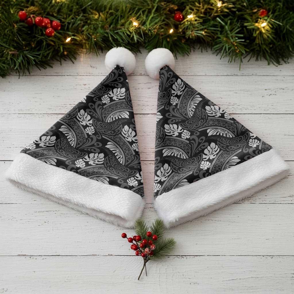 Grayscale Monstera Christmas Santa Hat Polynesian Tribal Pattern - Polynesian Pride