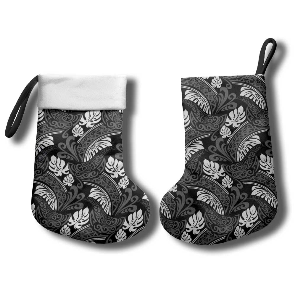 Grayscale Monstera Christmas Stocking Polynesian Tribal Pattern - Polynesian Pride