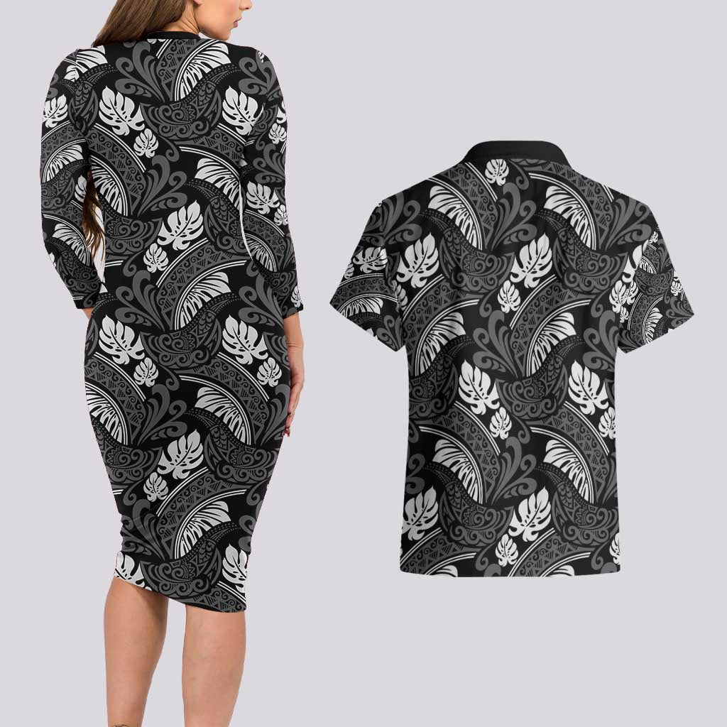 Grayscale Monstera Couples Matching Long Sleeve Bodycon Dress and Hawaiian Shirt Polynesian Tribal Pattern - Polynesian Pride