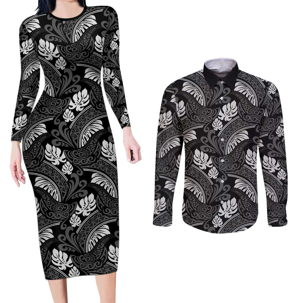 Grayscale Monstera Couples Matching Long Sleeve Bodycon Dress and Long Sleeve Button Shirt Polynesian Tribal Pattern - Polynesian Pride