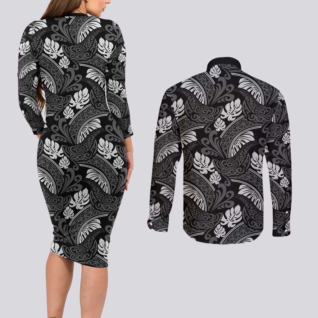 Grayscale Monstera Couples Matching Long Sleeve Bodycon Dress and Long Sleeve Button Shirt Polynesian Tribal Pattern - Polynesian Pride