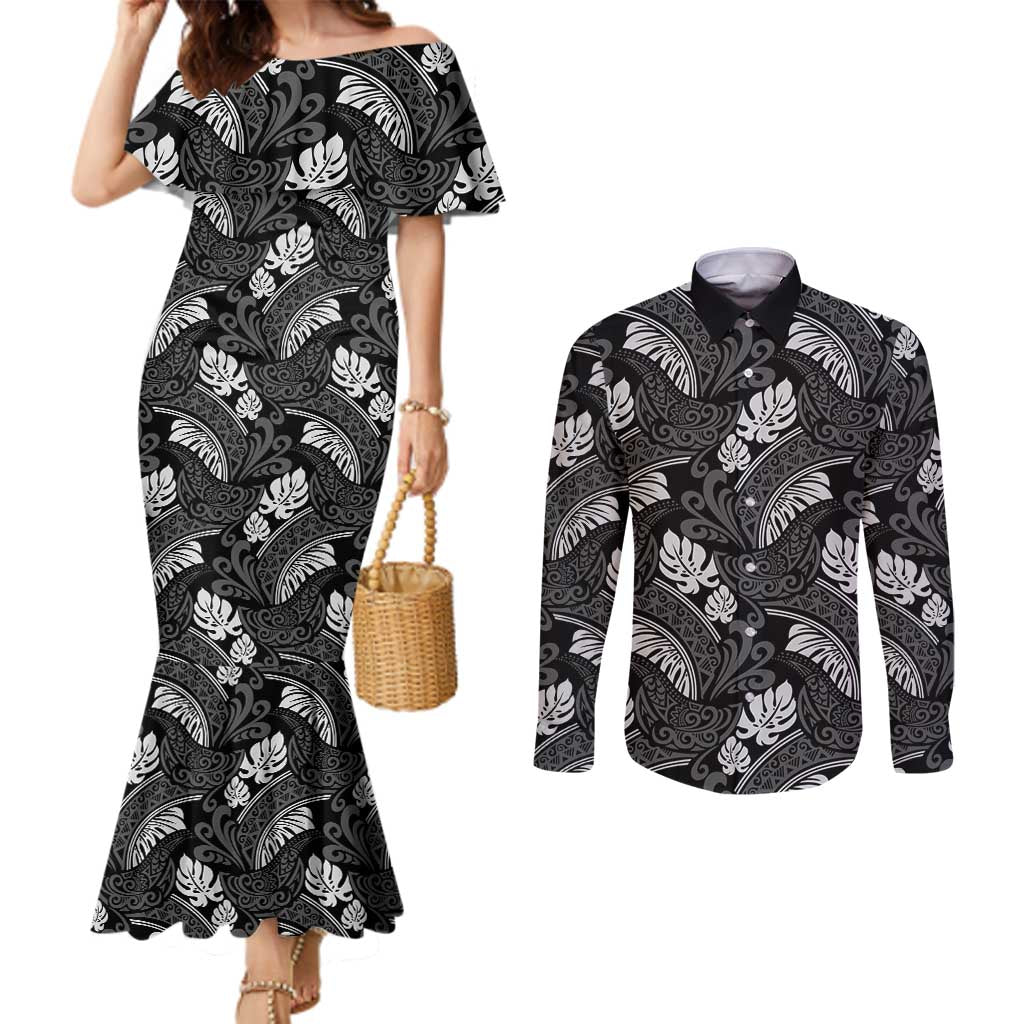 Grayscale Monstera Couples Matching Mermaid Dress and Long Sleeve Button Shirt Polynesian Tribal Pattern - Polynesian Pride