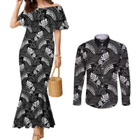 Grayscale Monstera Couples Matching Mermaid Dress and Long Sleeve Button Shirt Polynesian Tribal Pattern - Polynesian Pride