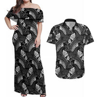 Grayscale Monstera Couples Matching Off Shoulder Maxi Dress and Hawaiian Shirt Polynesian Tribal Pattern - Polynesian Pride
