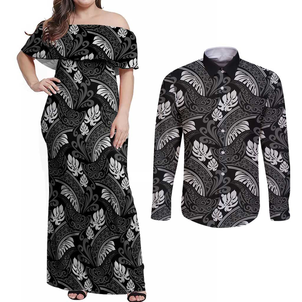 Grayscale Monstera Couples Matching Off Shoulder Maxi Dress and Long Sleeve Button Shirt Polynesian Tribal Pattern - Polynesian Pride