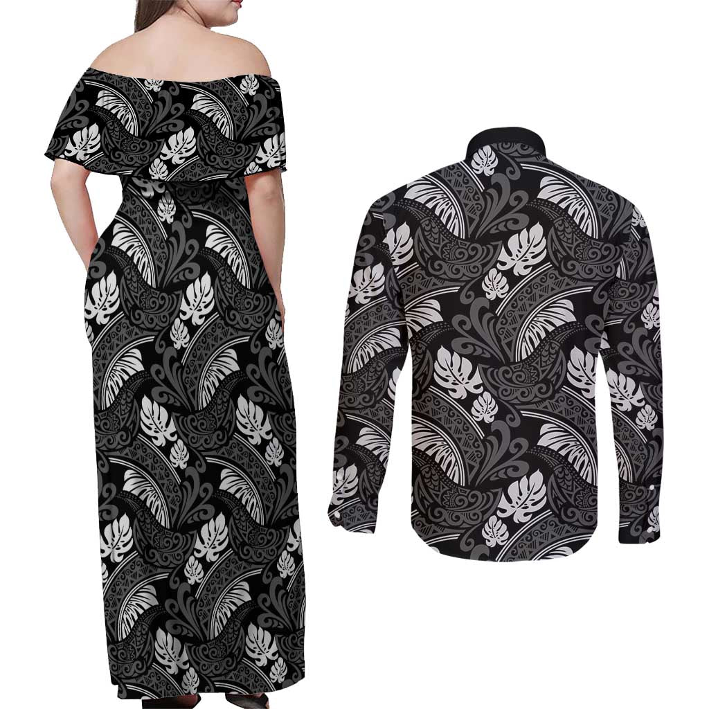 Grayscale Monstera Couples Matching Off Shoulder Maxi Dress and Long Sleeve Button Shirt Polynesian Tribal Pattern - Polynesian Pride
