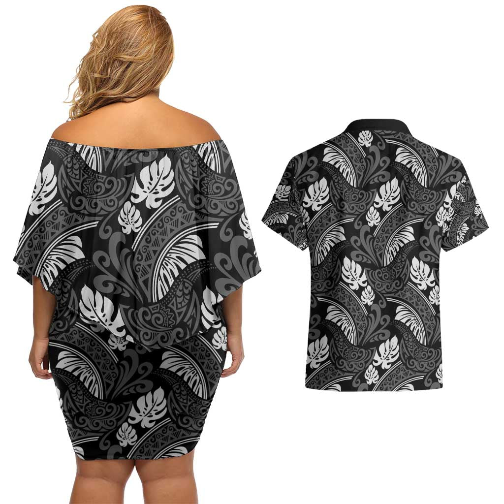 Grayscale Monstera Couples Matching Off Shoulder Short Dress and Hawaiian Shirt Polynesian Tribal Pattern - Polynesian Pride